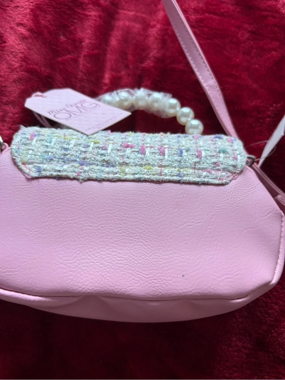 Kids Pink Tweed Butterfly Crossbody Bag with Pearl Handle